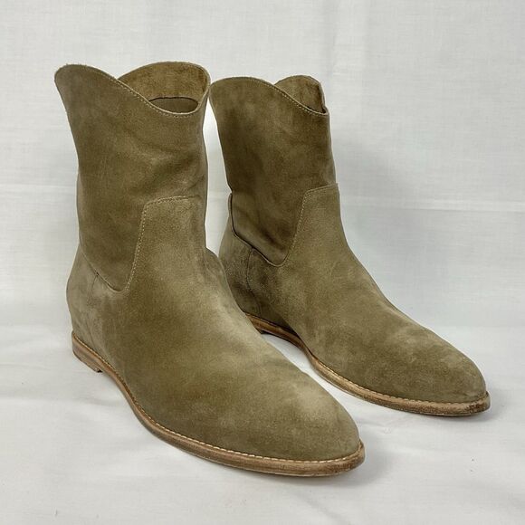 VINCE. Flint Tan Sinclair Ankle Booties Almond Toe Wedge Leather Boots Sz 9.5 M - Picture 2 of 14